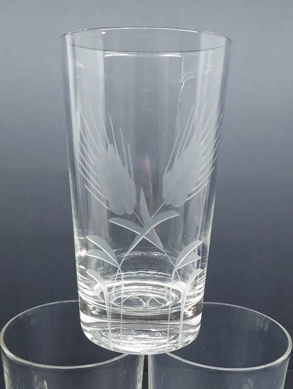 Vintage Javit Crystal Iced Tea Tumblers Etched Fine Wheat Set of 3